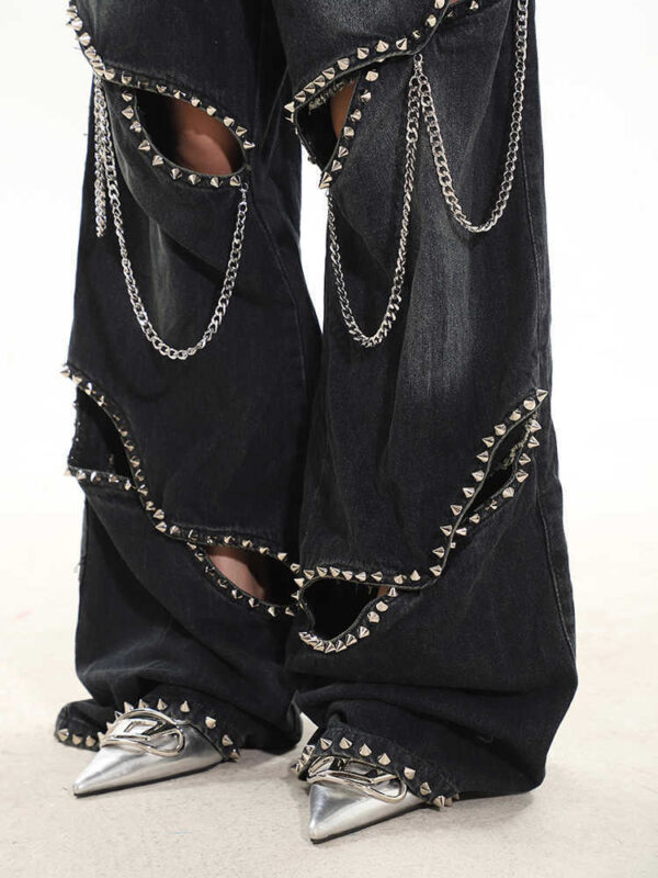 Heavy Industry Metal Rivet Chain Hollow-out Design Jeans - Image 5