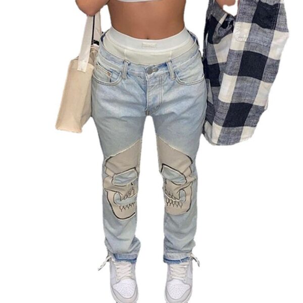 Vintage Skull Printed Jeans Women's High Waist - Image 3