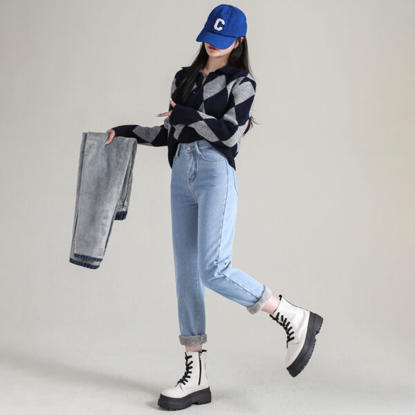 High Waist Thickened Fleece Padded Jeans Women Straight - Image 2