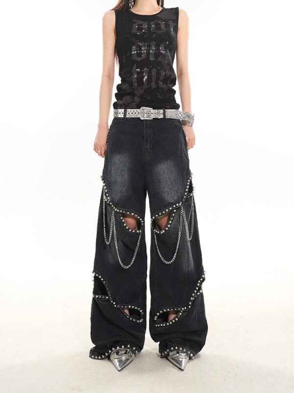 Heavy Industry Metal Rivet Chain Hollow-out Design Jeans - Image 7