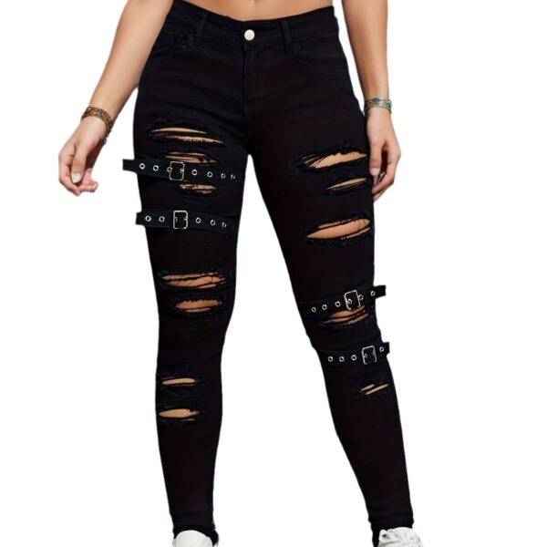 Black Tight Stretch Skinny Trousers Women's Ripped Denim Trousers - Image 7