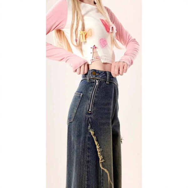 Retro Butterfly Patch Raw Edge Denim New High Street Design Straight Mop Pants - Image 5