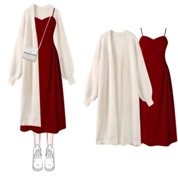 Fall Gentle Style Wear Women's Cardigan Sling Dress Two-piece Set