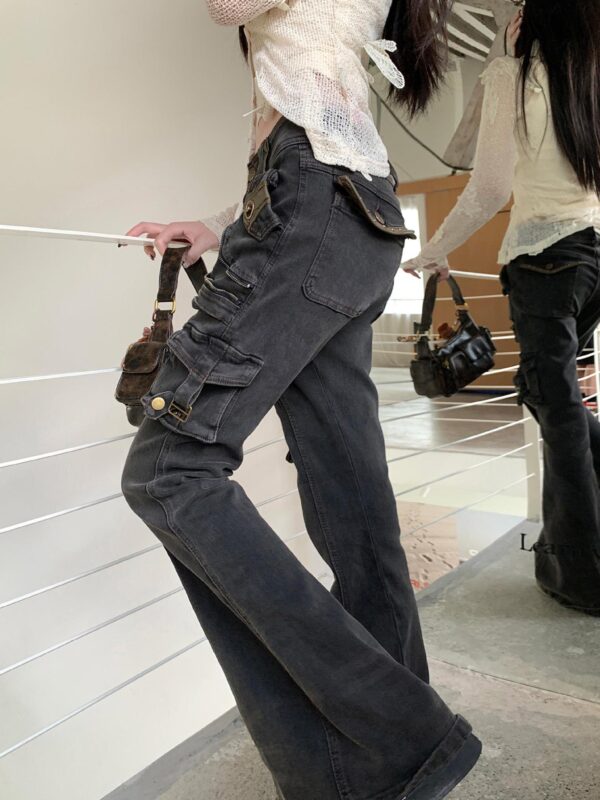 Washed Old Multi-pocket Slightly Flared Jeans - Image 6