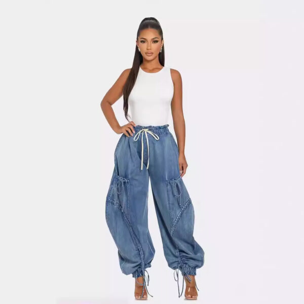 Rope Adjustable Elastic Waist Drawstring Lace-up Ankle-tied Bow Loose Jeans - Image 3