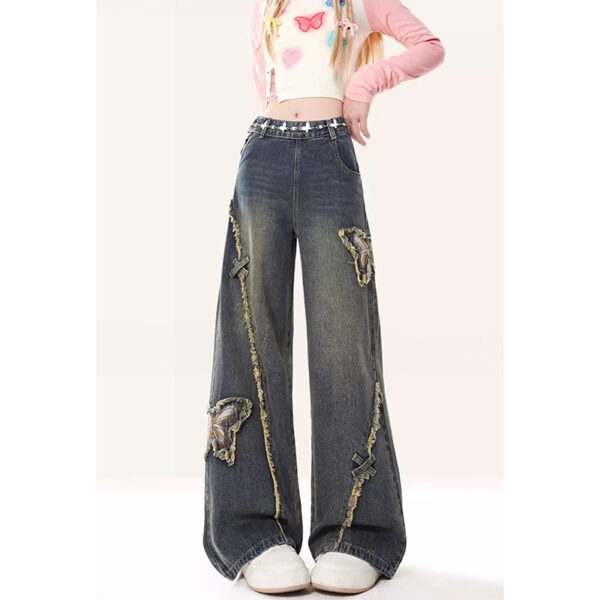 Retro Butterfly Patch Raw Edge Denim New High Street Design Straight Mop Pants - Image 6