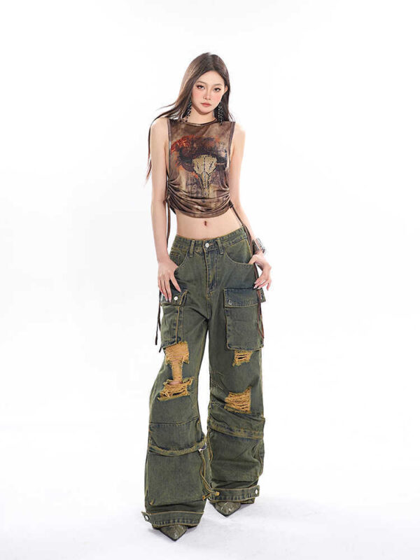 Retro Mopping Waste Jeans Washed And Worn Overalls - Image 6