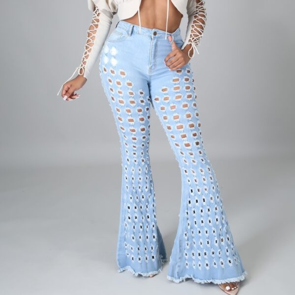 Women's Washed Hole Sanding Sexy Stretch Denim Bell-bottom Pants - Image 2
