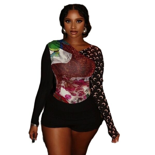 Fashion Women's Wear Printed V-neck Patchwork T-shirt - Image 3
