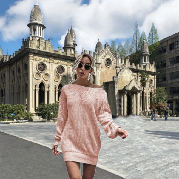 Women's Casual Off-the-shoulder Lantern Sleeve Knitted Sweater Dress - Image 9