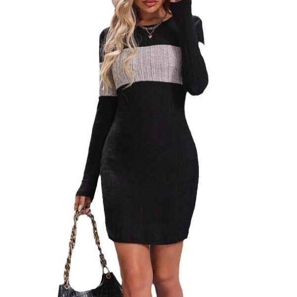 Color Contrast Patchwork Round-neck Long-sleeved Dress - Image 4