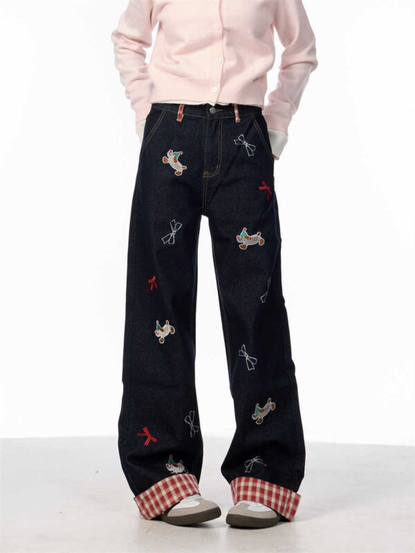 Vintage Bow Puppy Embroidered Wide Leg High Waist Jeans - Image 7