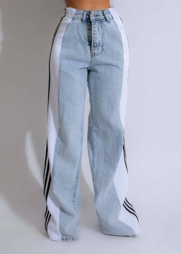 2024 Fashion Casual High Waist Elastic Straight Leg Trousers Three Stripe Patchwork Denim Wide Leg Pants Streetwear - Image 8