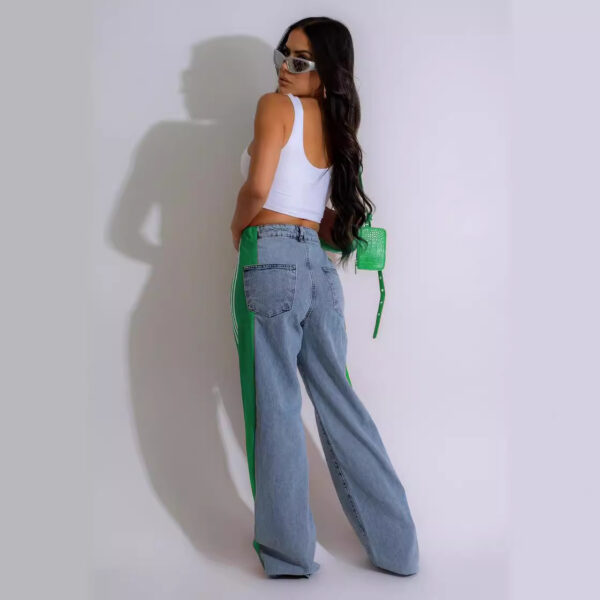 2024 Fashion Casual High Waist Elastic Straight Leg Trousers Three Stripe Patchwork Denim Wide Leg Pants Streetwear - Image 10