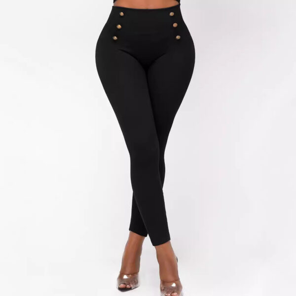 High Waist Button Solid Color Slim Fit Hip Skinny Pants - Image 2