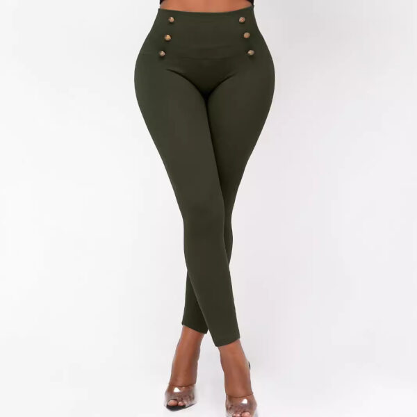 High Waist Button Solid Color Slim Fit Hip Skinny Pants - Image 4
