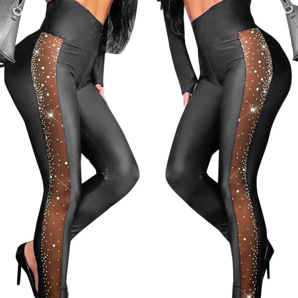 Rhinestone Mesh Stitching Tight Casual Trousers - Image 2