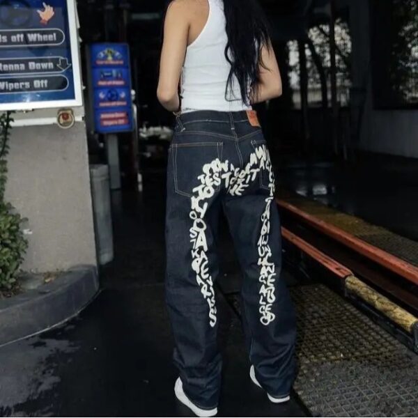 Jeans Letter Print Straight Wide Leg Pants Casual Loose Trousers - Image 3