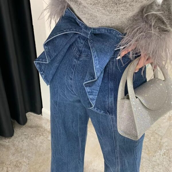 Women's Bow High Waist Jeans Wide-leg Straight Trousers - Image 2