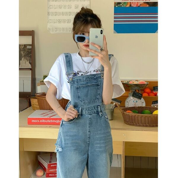 Ripped Denim Suspender Pants Women's Spring Versatile Ins High Waist Straight Wide Leg Mop Trousers Women's - Image 4