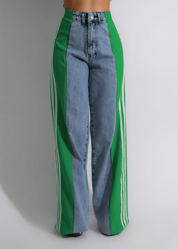 2024 Fashion Casual High Waist Elastic Straight Leg Trousers Three Stripe Patchwork Denim Wide Leg Pants Streetwear - Image 4