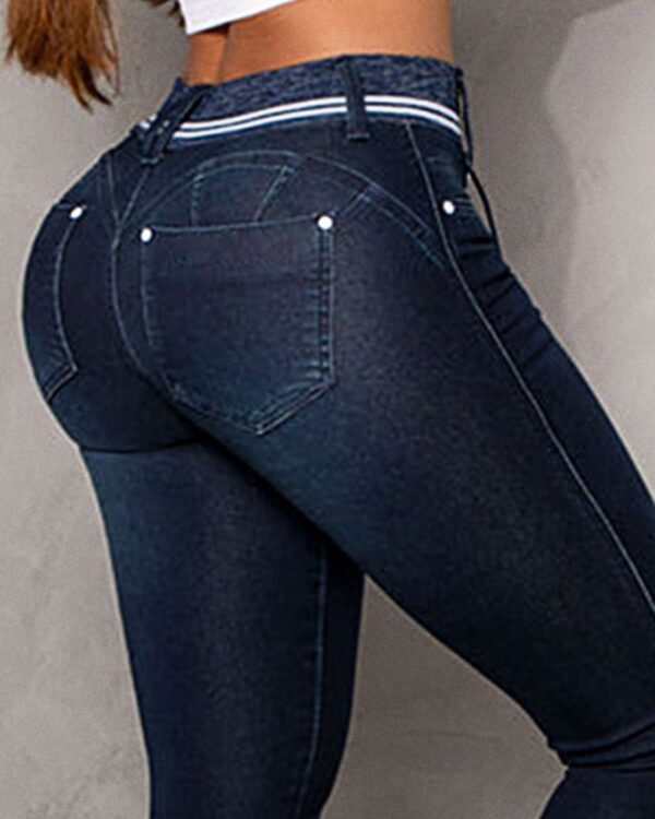 Striped Stitching Drawstring Tight Hip Raise Skinny Denim Ankle-length Pants - Image 5