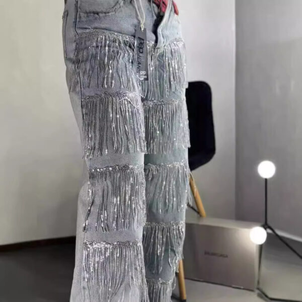 Sequined Tassel Design Straight Jeans - Image 4