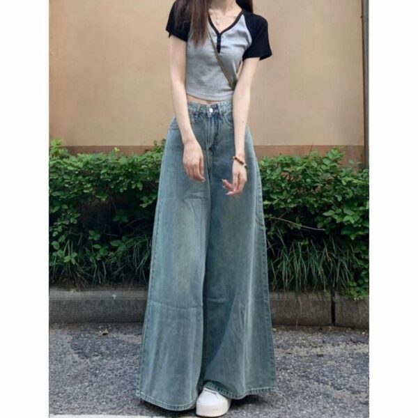 Washed-out Vintage Wide Leg Jeans High Waist Slimming - Image 5