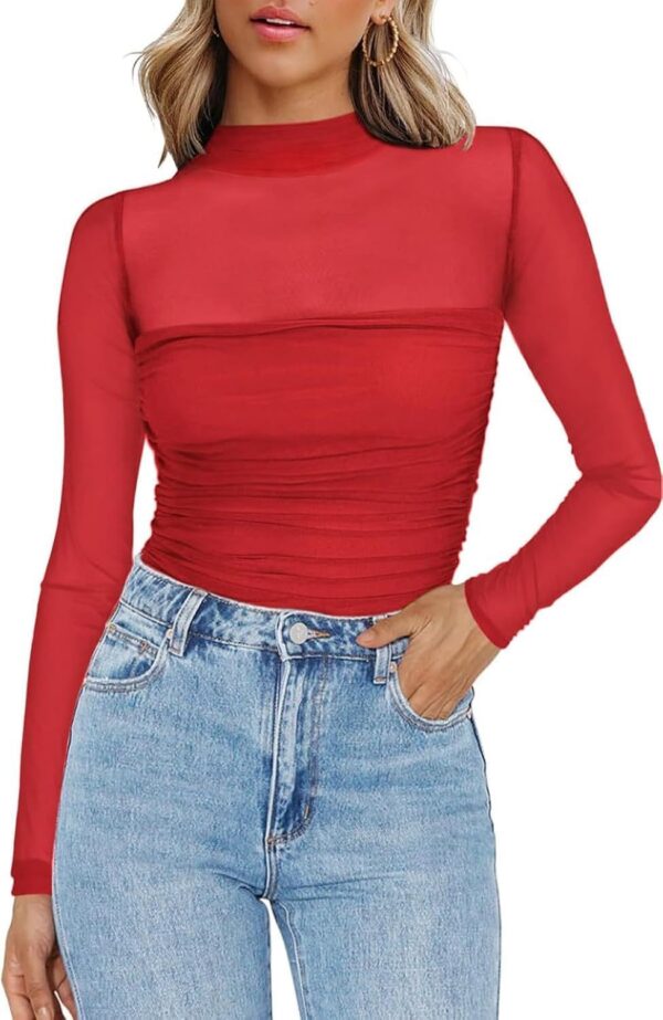 Round Neck Mesh Stitching Sheer Long Sleeve - Image 3